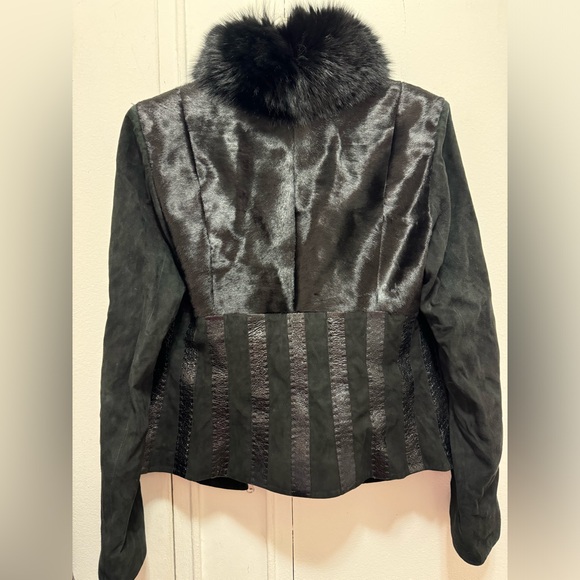 Bella Bicchi Black Leather Fur Suede Coat Jacket Saga Fox Collar mob wife - Picture 2 of 8